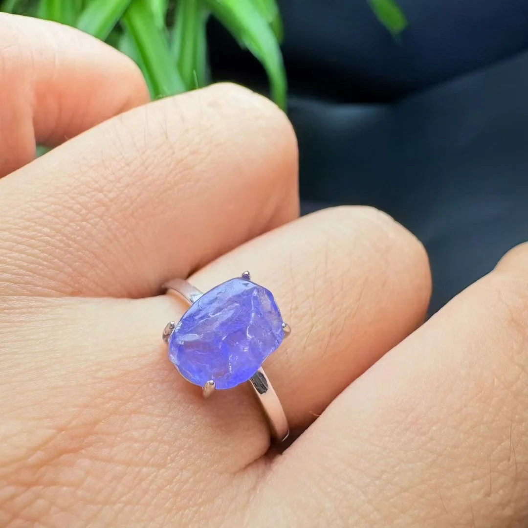 1 Pc Fengbaowu Natural Stone Raw Rough Tanzanite Ring 925 Sterling Silver Resizable Fashion Jewelry Gift For Men And Women
