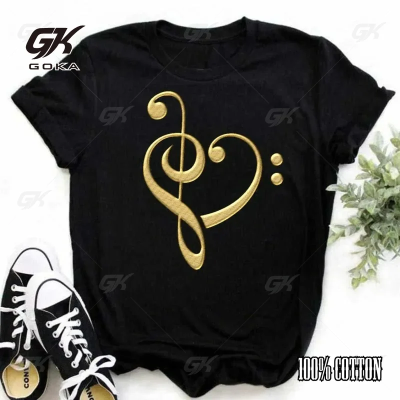 Golden Heart-Shaped Treble Clef Music Symbol Print Unisex clothes tops T Shirt, Music Lover Casual Tee