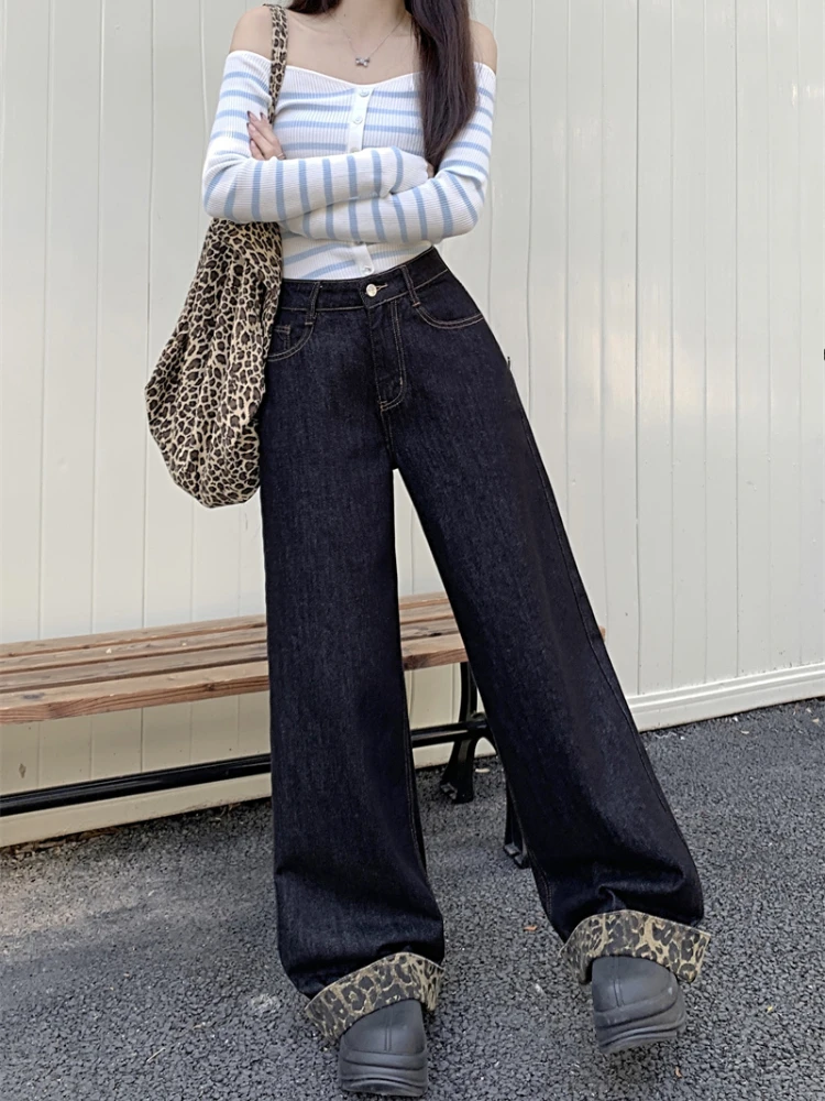 Baggy Jeans for Women Leopard Crimping Design Vintage Streetwear Cool Unisex Wide Leg Trousers Fashion American Style Versatile