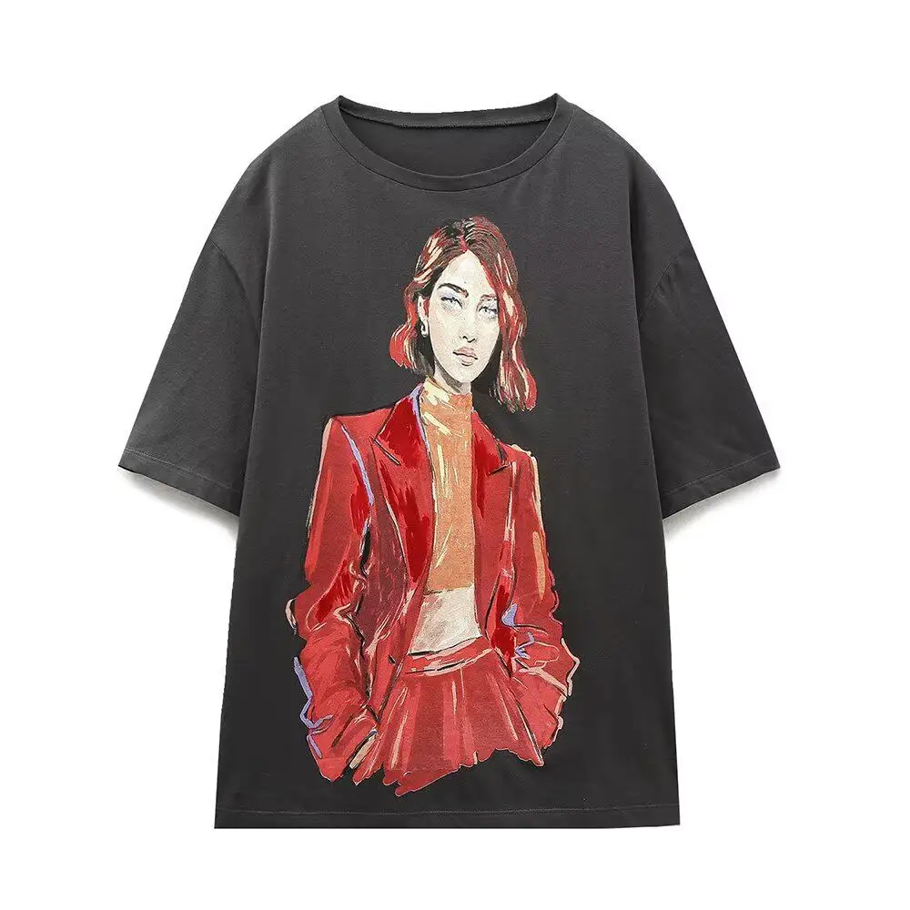 Splicing Girl Print Short Sleeve T-shirt for Women 2026 New 100% Cotton European Style O-neck Tops Casual Loose High Street Tees