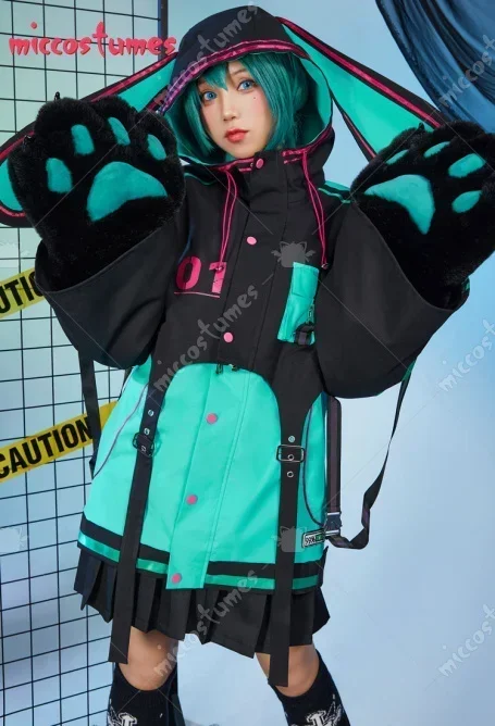 

CosplayMiccostumes Black Green Pullover Hoodie Jacket and Detachable Skirt Set Motorcycle Suit Style Clubwear with Furry Cat Paw