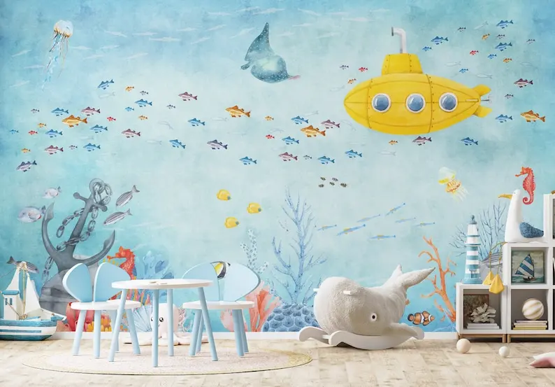 Kids Undersea Ocean Wallpaper Cute Fishes with Submarine Wall Mural Peel and Stick