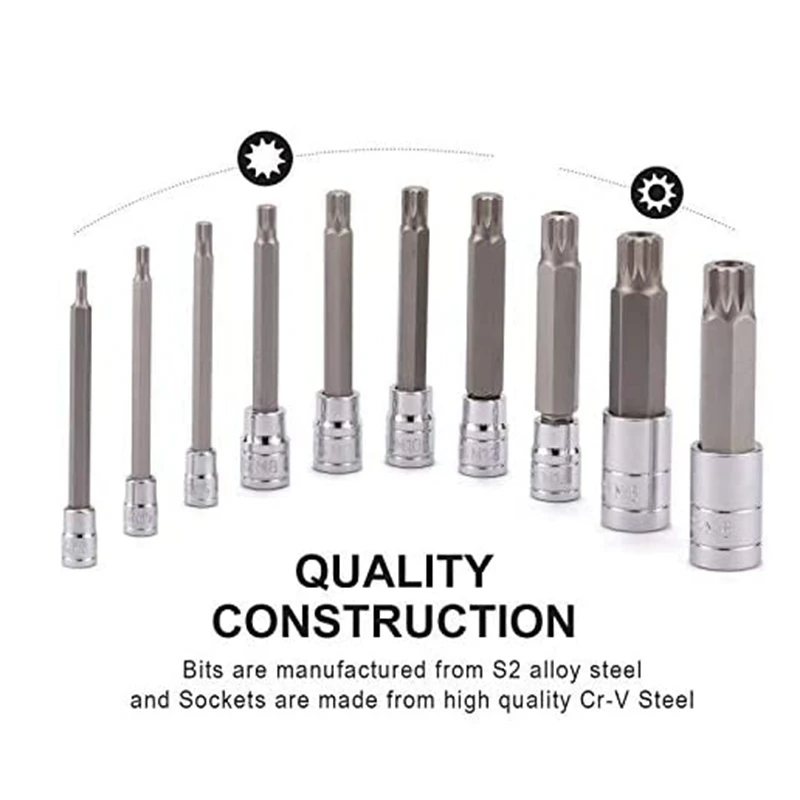 10 Piece 4 Inch Spline Tip Bit Socket Set M-Type Universal Sleeve M4-M18 Triple Square Spline Bit Socket Set