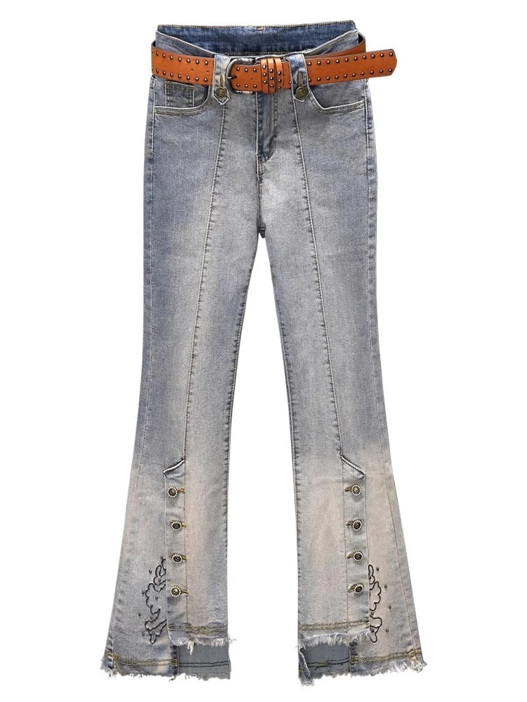 กางเกงยีนส์ไมโครทรงใหม่ปี 2025 สำหรับผู้หญิง ทรงสลิมเอวสูงแบบไม่สมมาตร กางเกงครอปทรงขาบาน สไตล์วินเทจแฟชั่นสำหรับฤดูใบไม้ผลิและฤดูใบไม้ร่วง