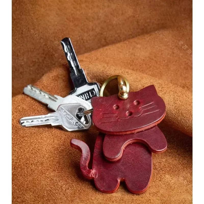 

Handmade Genuine Leather Cat Keychain -Cute Animal Design Durable Cowhide Key Ring For Bag Purse Gift