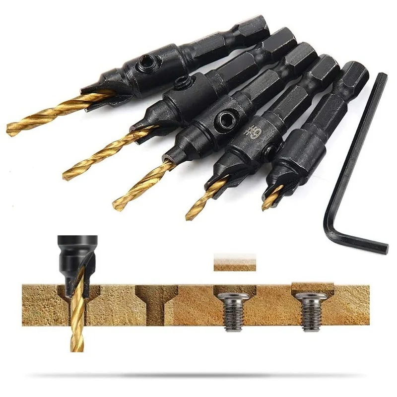 6pcs Countersink Drill Woodworking Drill Bit Set Drilling Pilot Holes For Screw Sizes #5 #6 #8 #10 #12 With a wrench