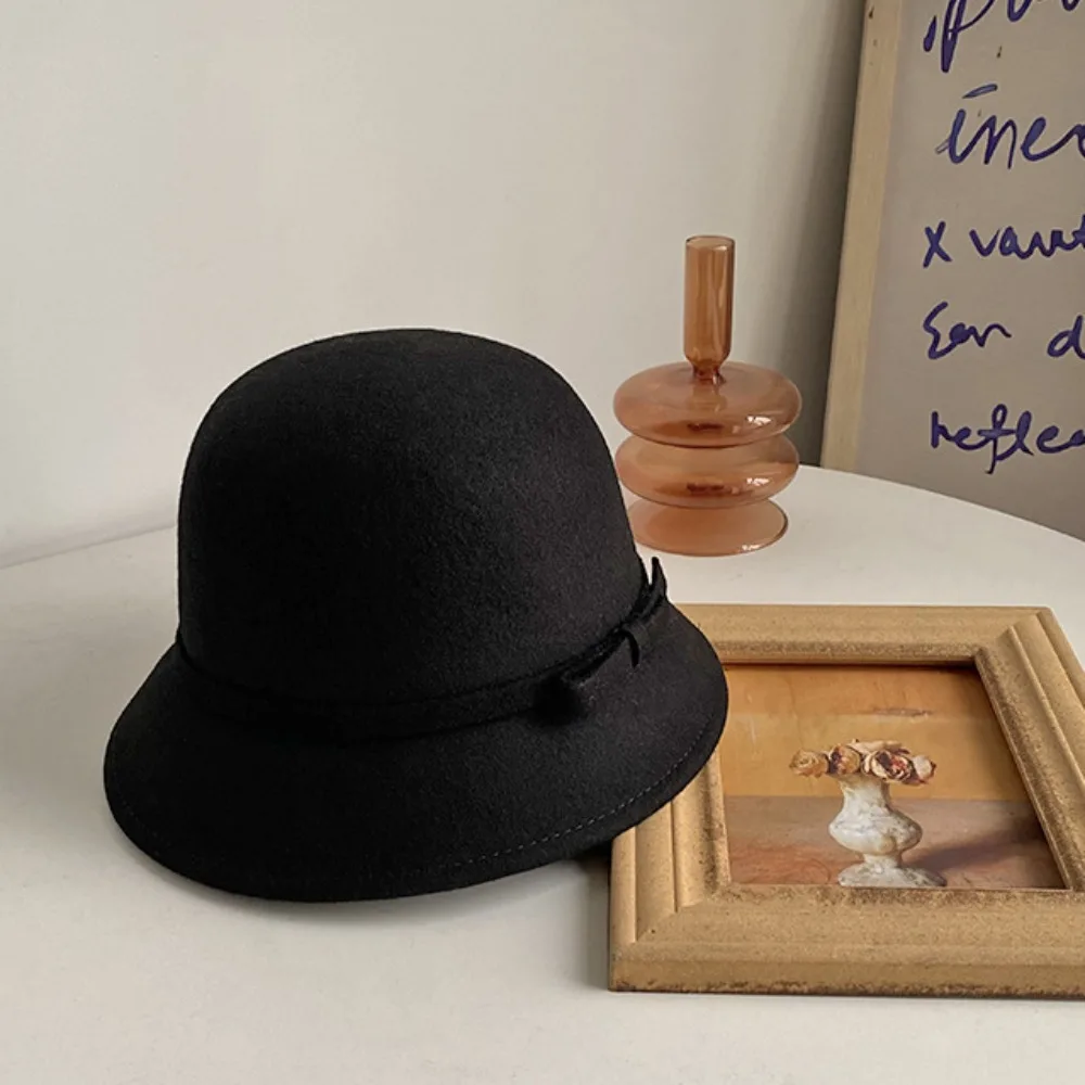 

Retro Hepburnesque Felt Formal Hat Panama Cap Wealthy Heiress Style Bowknot Bucket Hat British Style Girl