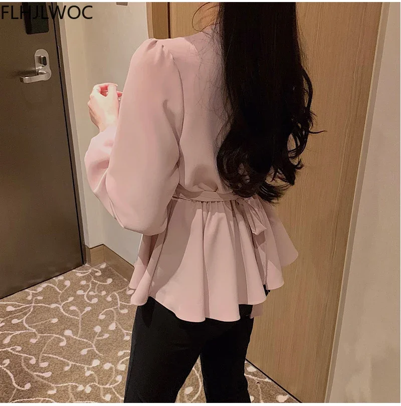 Korea Chic Tops Blusas Women Fashion FLHJLWOC Office Slim Elastic Waist Belly Peplum Top V Neck Solid White Shirt Pink Blouse