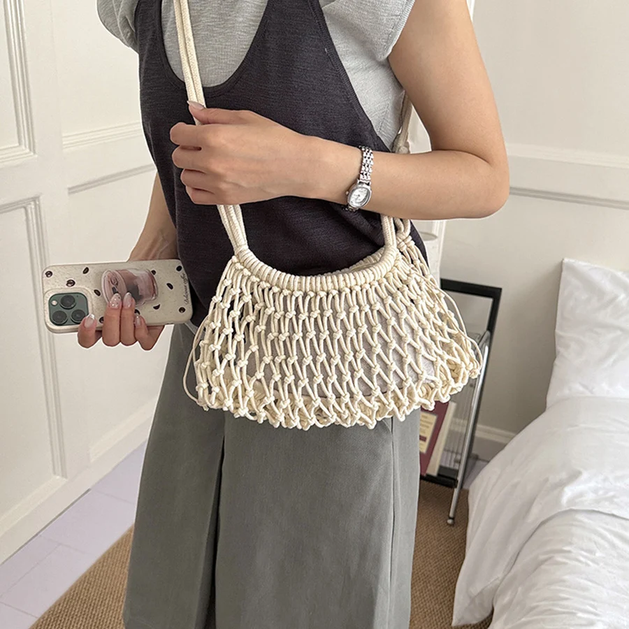 Women's Rope-Woven Openwork Shoulder Bag Vacation Fresh Aesthetic Daily Beach Casual Hobo Bags 2026 Summer New Trend Handbag Sac