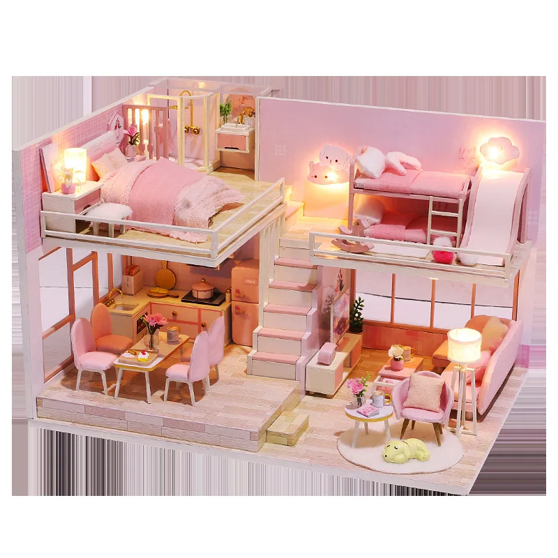 Diy Doll House With Furniture Light Wood Dollhouse Case Miniatures Kits For Children Home Puzzle Toys Birthday Christmas Gifts