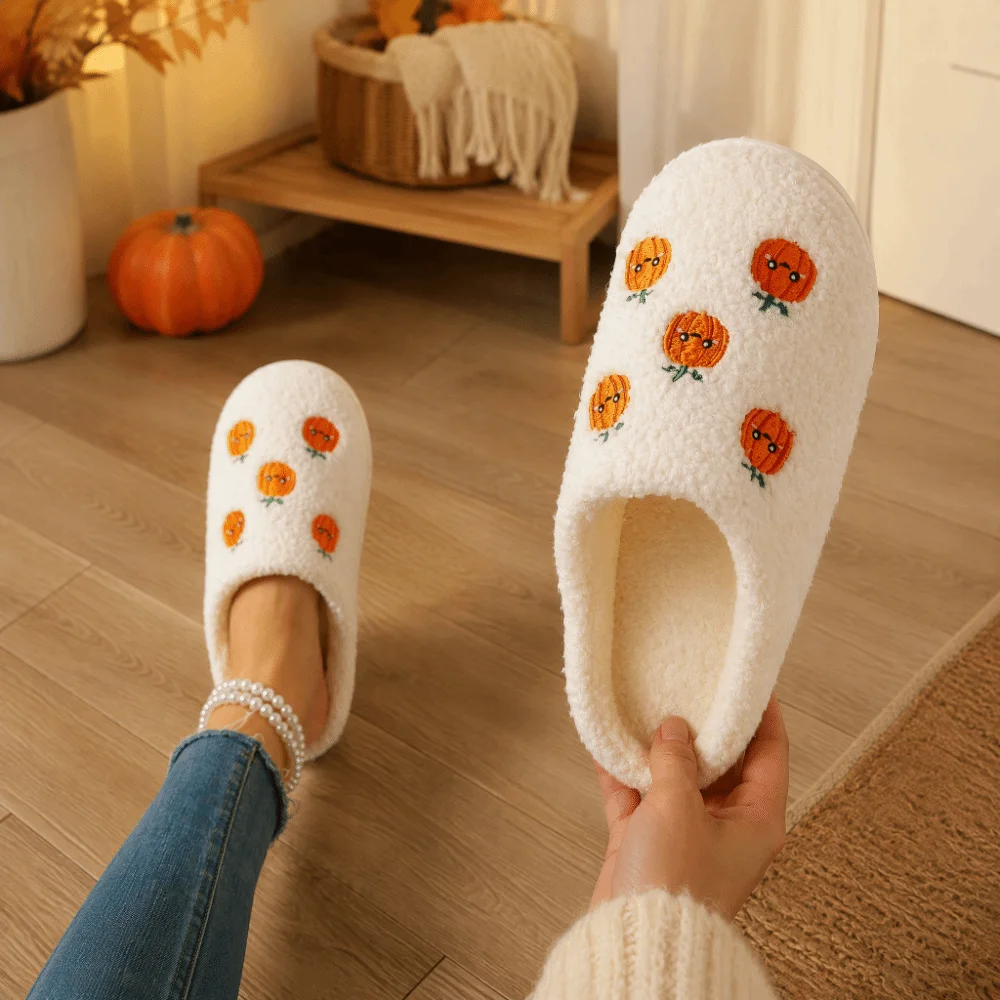 Non-Slip Soft Halloween Plush Slippers Cute Warm Ghost Pumpkin Slippers Lovely Thick Sole Winter Fluffy Slides Halloween view 4