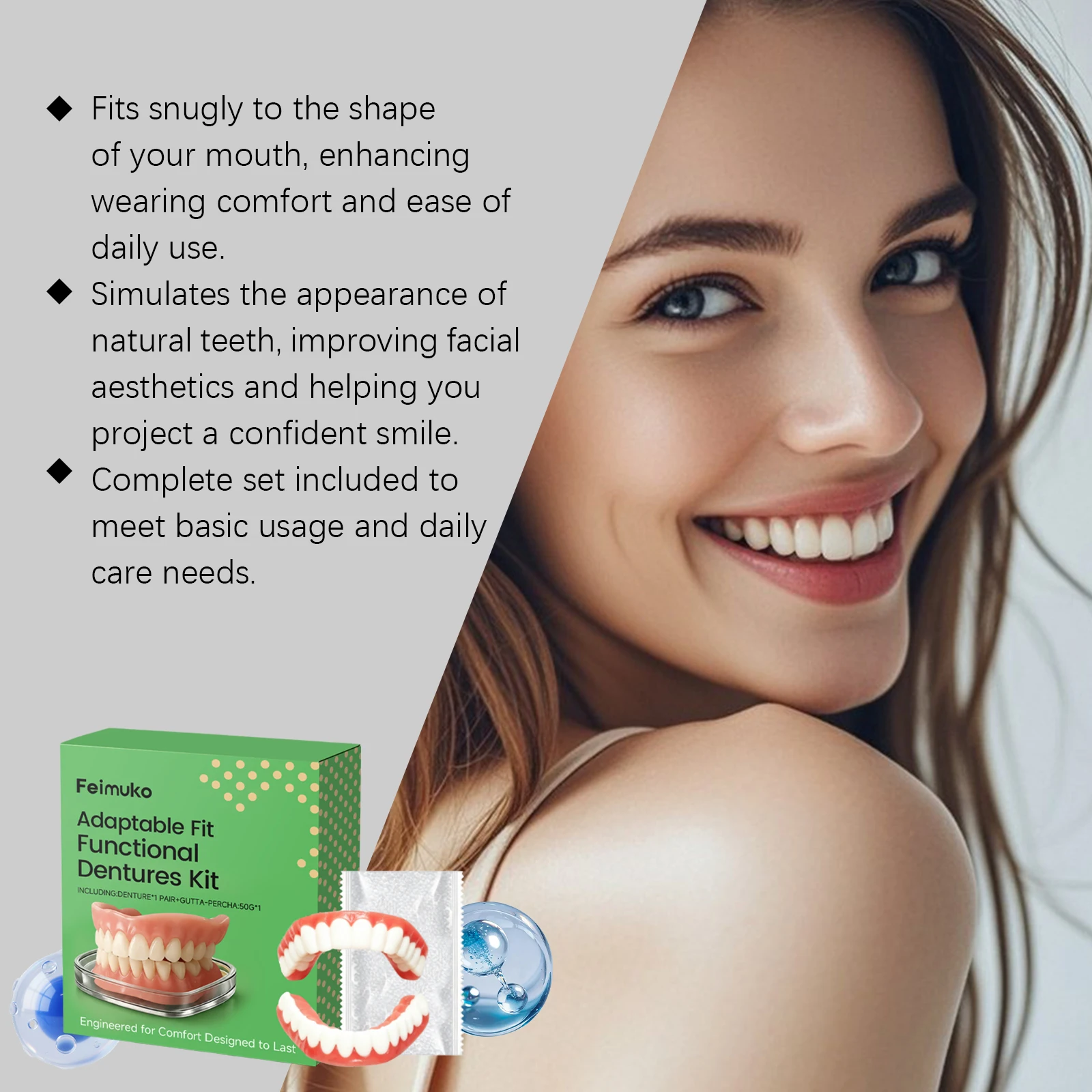 Feimuko Denture Set Natural Fit Oral Care Teeth Cleaning Kit Daily Hygiene Easy Apply Gentle Wear Dental Care Accessory