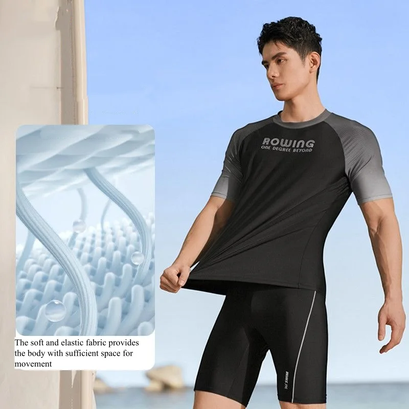 

361Men Short Sleeve Quick-Drying Water Sports Bathing Swim Shirt Trunks 2Pcs WaterProof Athletic Surfing Beach SwimSuit Glasses