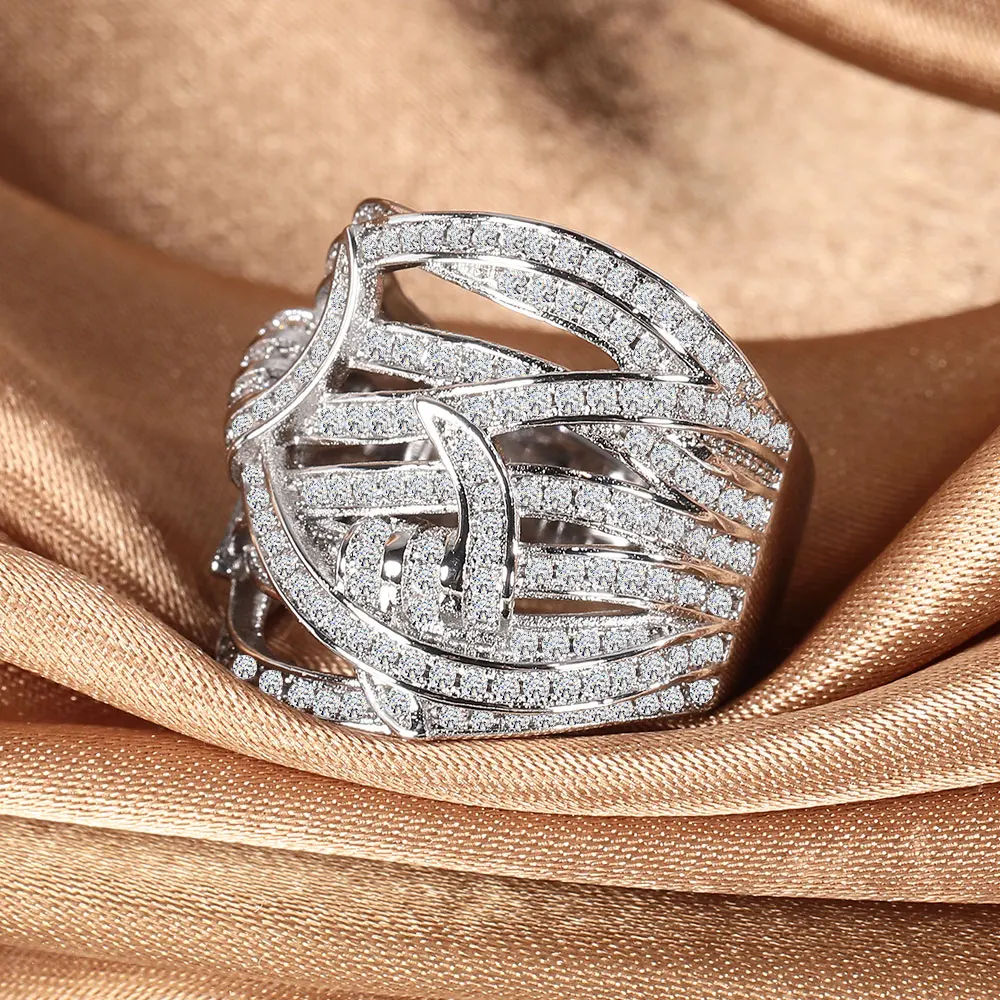 

925 pure silver ladies wide ring multi layer winding design inlaid 5A zirconia for daily wear engagement party
