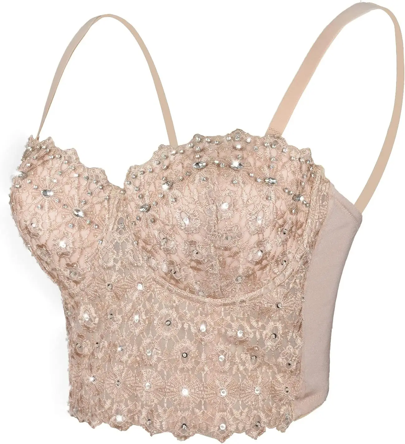 Women's Natural Reigning Lace Rhinestone Bustier Crop Top Sexy Mesh Corset Top Bra Sleeveless Halter Lingerie Tank Top Slim Cami