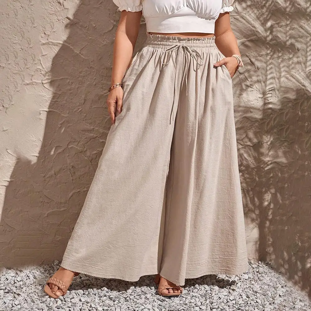 

High Waist Wide Leg Pants Large Size Women's Sle Casual Trousers Polyester Cotton Blend High Waist Wide Leg Trousers