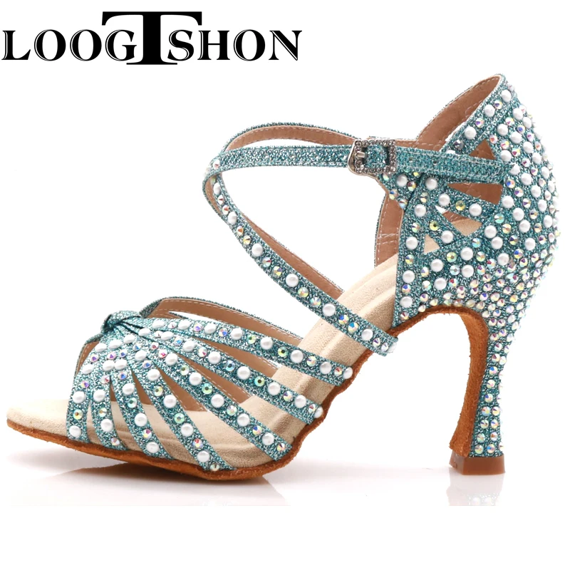 Loogtshon-zapatos de baile de satén con correas cruzadas, 7 bandas, completamente cubiertos con diamantes de imitación de cristal bidimensional,