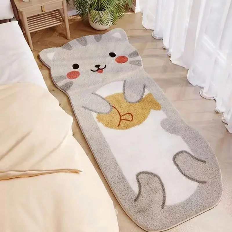 VIKAMA Kawaii Grey Tabby Cat Long Runner Rug Cartoon Kitten Holding Fish Fluffy Non Slip Washable Bedside Bedroom Floor Mat