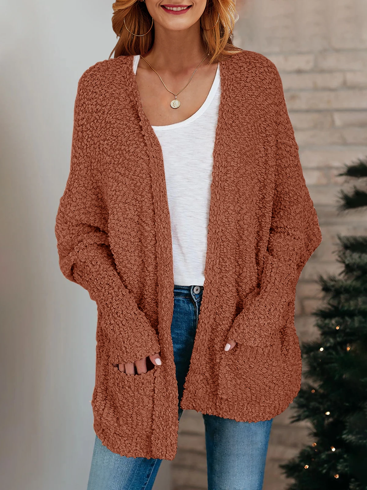 Women's Fuzzy Knit Cardigans Solid Chunky Popcorn Cardigan Oversized Open Front Boyfriend Batwing Long Sleeve Fuzzy Cardigan