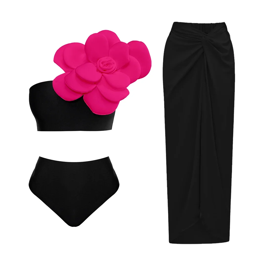 2025 جديد ثلاثية الأبعاد زهرة مجموعة البكيني مع التستر ملابس السباحة الفاخرة المرأة مثير ملابس عالية الخصر Monokini الرغبة ارتداءها لباس سباحة