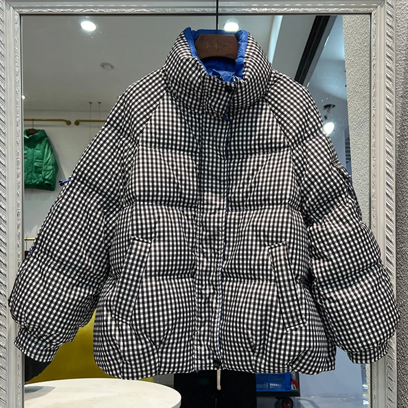 Korean Fashion Winter Short Lattice Jacket Women Bread Loose Stand Collar Female Down Parkas 90% White Duck Down Coats 2022 New