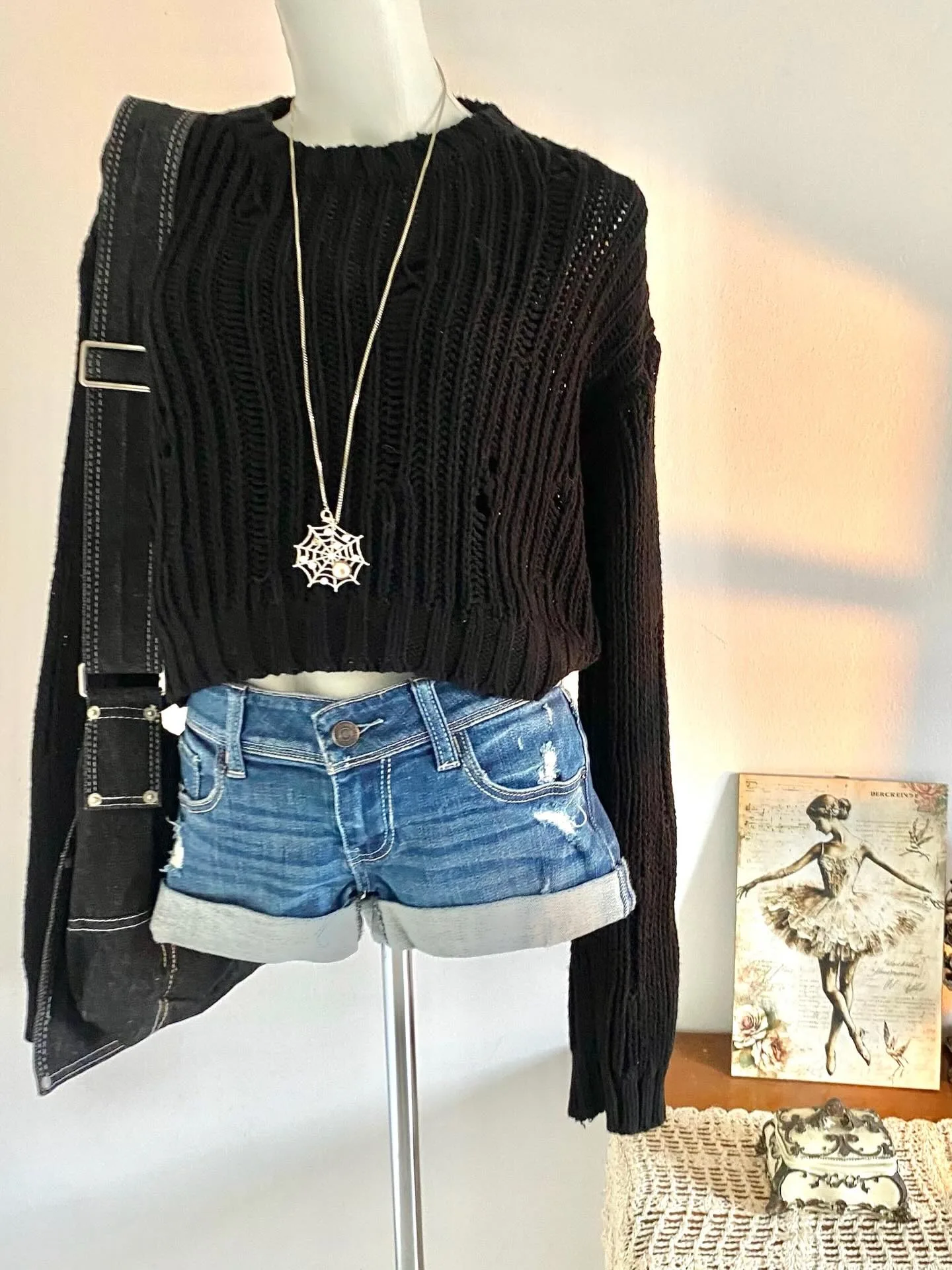 Gothic Alt Women Distressed Hollow Knit Crop Sweater Cable Long Sleeve Black Y2K Grunge Cropped Jumperr