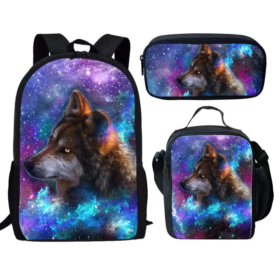 3 buah Set tas sekolah fantasi Galaxy Wolf tas buku motif untuk remaja laki-laki perempuan ransel penyimpanan kasual ransel harian siswa