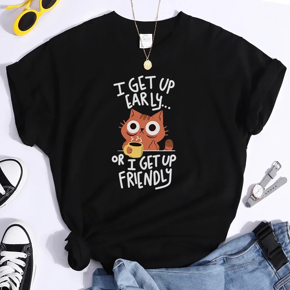 Fun Kawaii Kitty Casual Women's Breathable T-shirt Summer Streetwear I Get Up Are Lazy Cute Cat