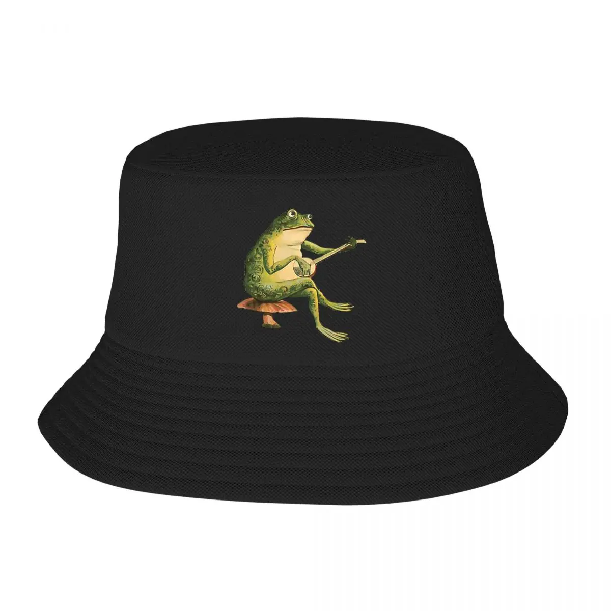 Melancholic Frog Banjo Player On Mushroom Toadstool Bucket Hats Panama For Kids Bob Hats Fisherman Hats Fishing Unisex Caps