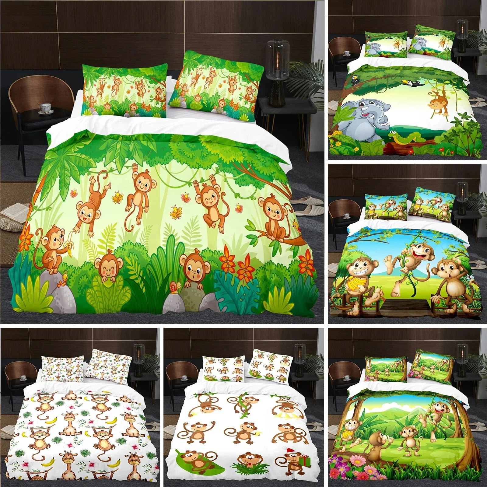 

Monkey Duvet Cover King Queen Lovely Cartoon Animal Bedding Set for Kids Boy Girl Green Jungle Tree Polyester Quilt Cover