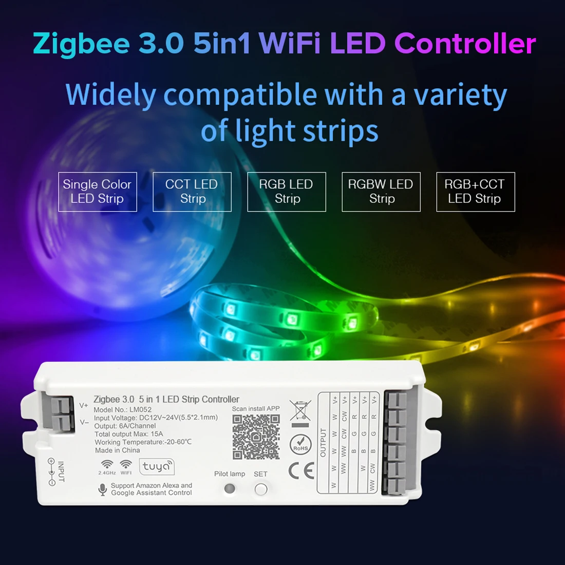 Zigbee 3.0 WiFi 2.4GHz LED Controller 5 in 1 Bridge Tuya Dual Mode Gateway Smart Things Alexa Google Assistance DC12V-24V