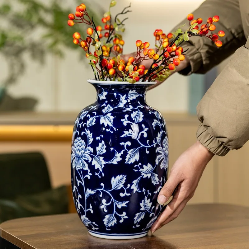 Chinese Ceramic Flower Vase Traditional Underglaze Color Porcelain Rose Pattern Vase Water Hydroponic Non-fading Art Home Decor