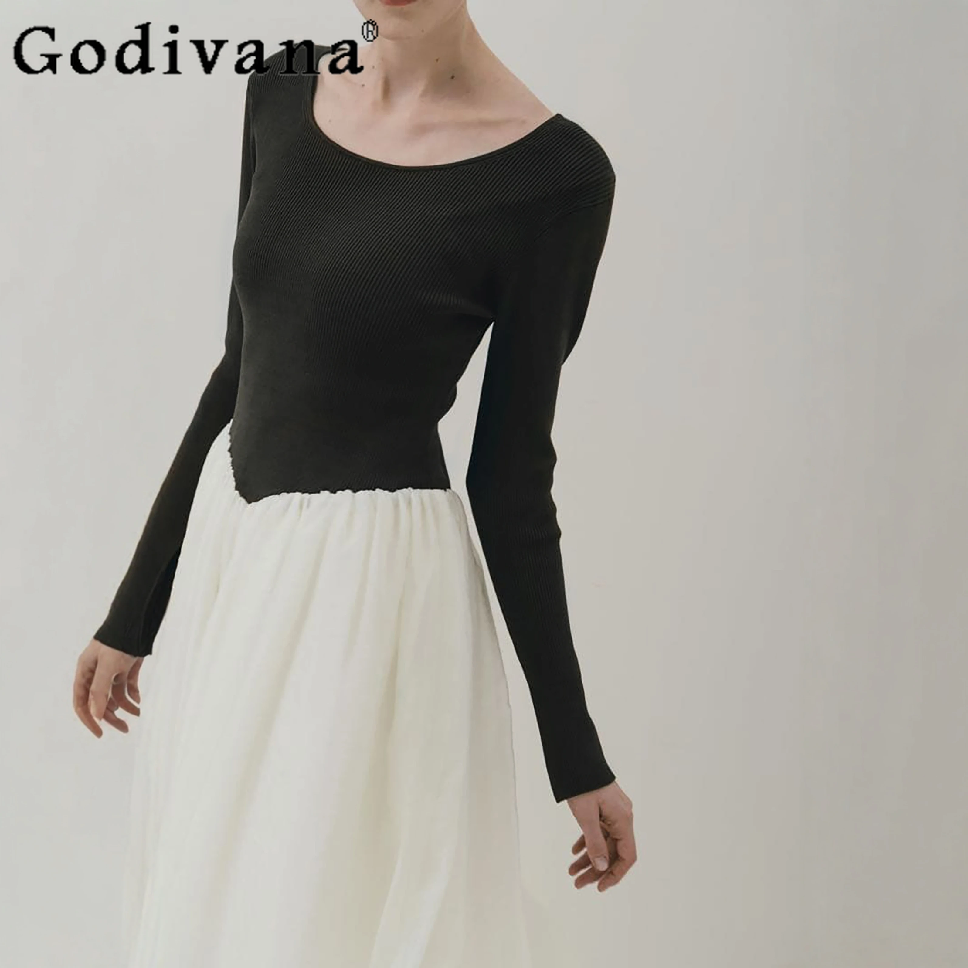 

Japanese Sweet Slim Fit Knit Patchwork Long Fairy Dress Spring and Autumn New Women's Ballet Style Elegant Long Sleeve Dress