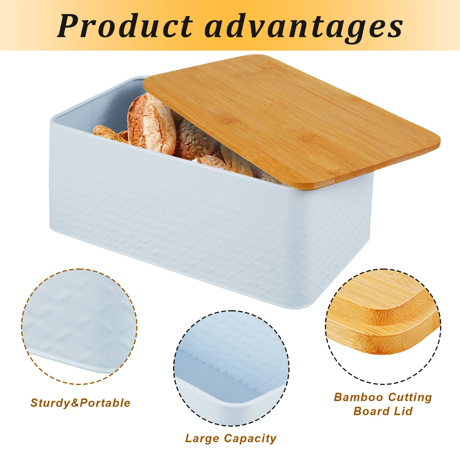 Bread Box with Bamboo Lid Metal Bread Bin Kitchen Reusable Breathable Bread Storage Container Dessert Snack Food Box for Home