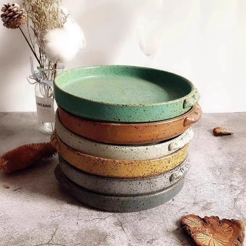 Retro Household Use Creativity Handmade Double Ears Ceramic Vegetable Plate Hotel Living Room Fruit Decoration Storage Pallet