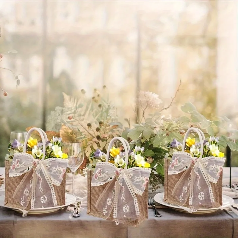 6PCS Natural Jute Tote Bag Handmade Drawstring Shopper - Reusable Cotton Linen Fabric Gift Pouch for Beach Wedding Favors