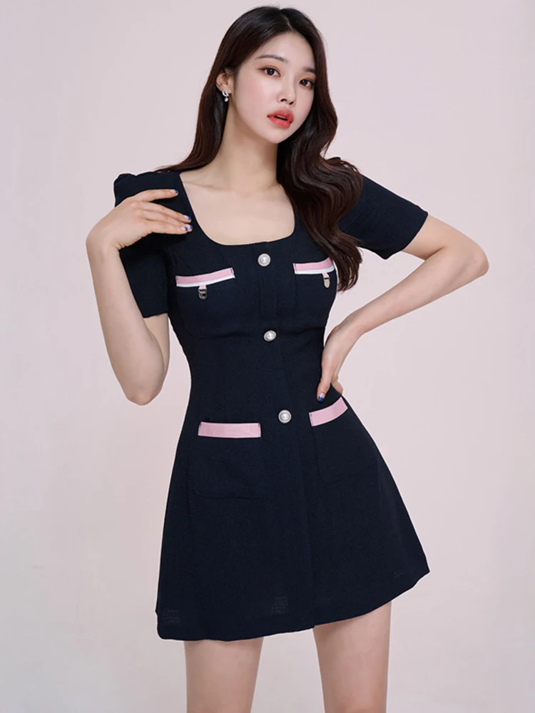 Korea Summer Simple Office Dress Black Women 2023 Designer Crystal Buttons Short Sleeve Vestidos Elegant Mini Length Robe