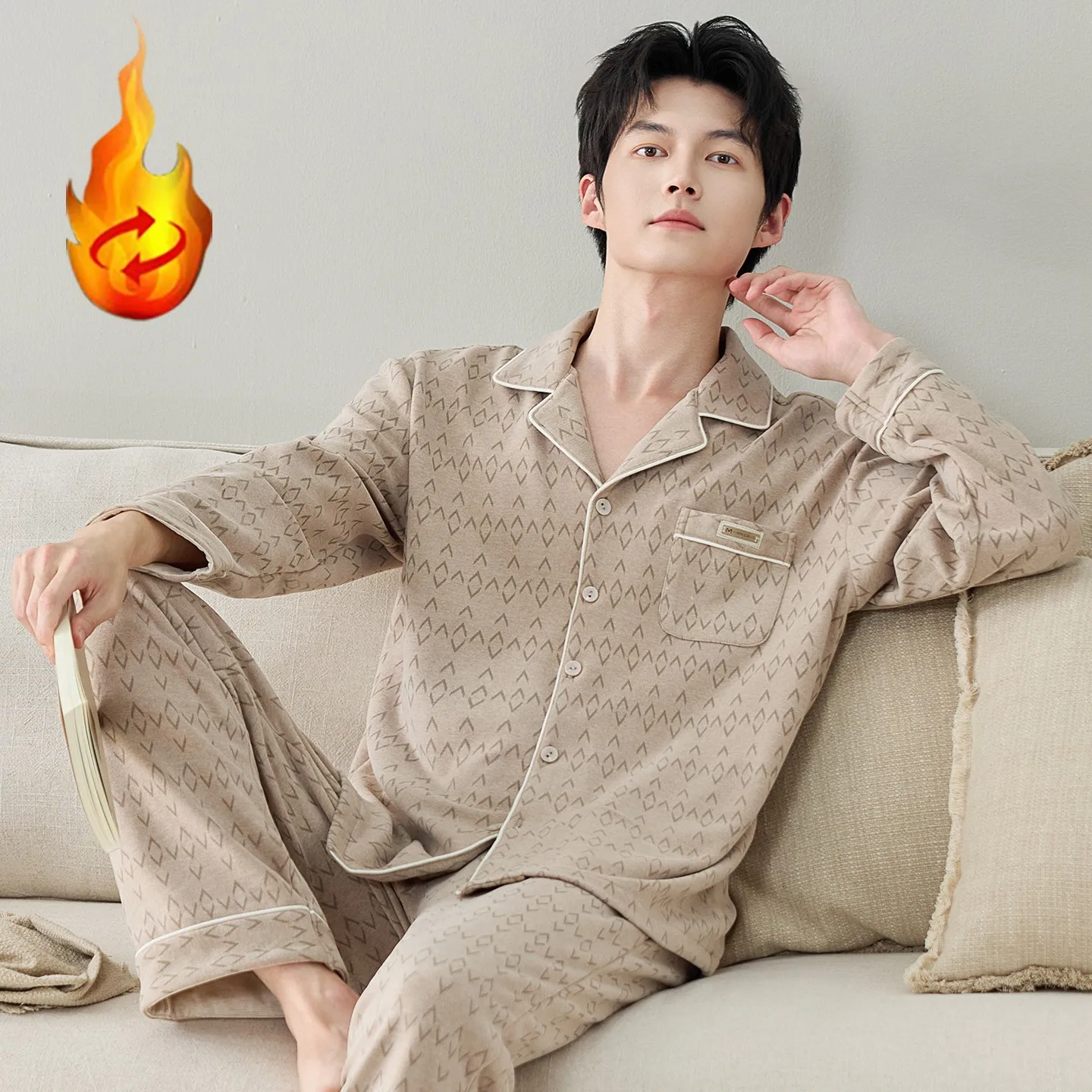 Korean Fashion Men's Cardigan Winter Nightwear Thermal Fleece Sleepwear Male Big Size L-3XL Home Clothes Young Boy Pjs Pyjamas