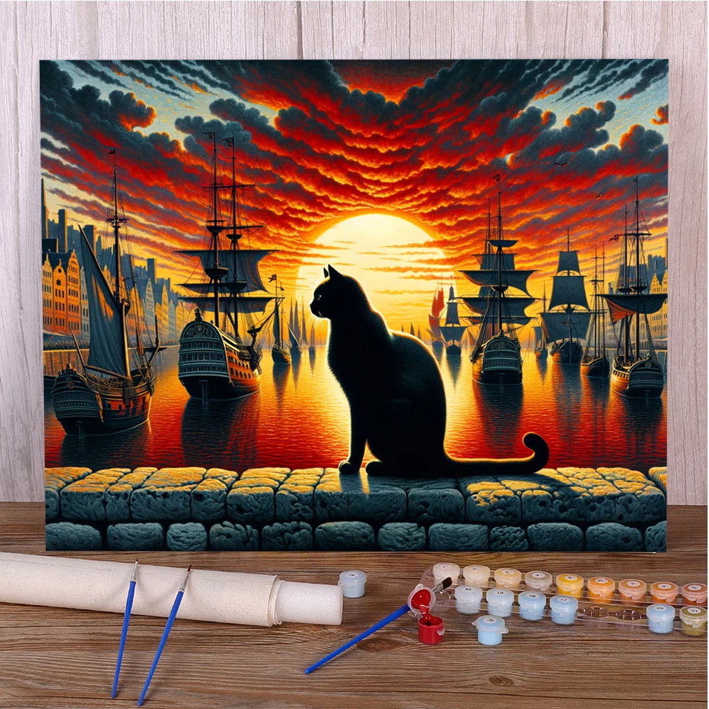 Scenery Cat Sunset DIY Painting By Numbers Set Oil Paints 50*70 Oil Painting Home Decoration Crafts For Adults Wholesale