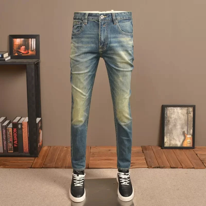 

Newly Designer Fashion Men Jeans High Quality Retro Blue Elastic Slim Fit Ripped Jeans Men Trousers Vintage Denim Pants Hombre