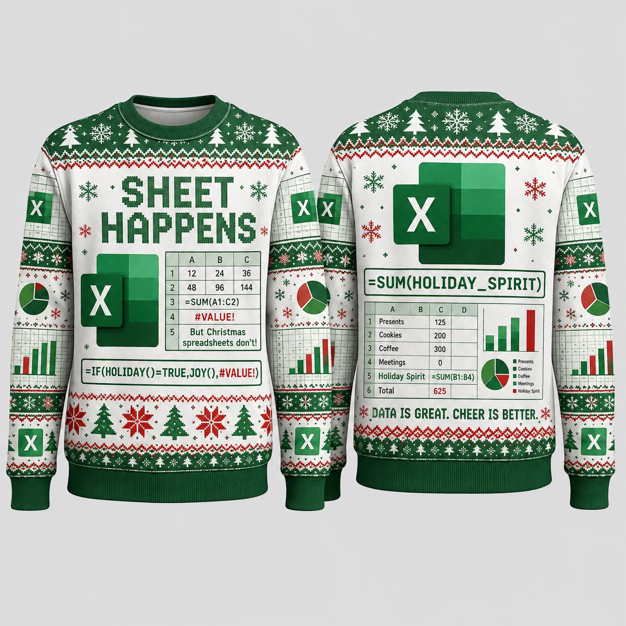 Ugly Christmas Sweater Funny Excel Spreadsheet Formula Crewneck Sweatshirt Polyester 3D Graphic Xmas Pullover Holiday Top