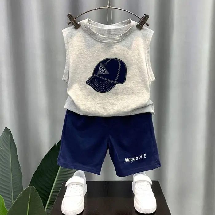 2024 New Children's Sets Boys Summer Vest + Shorts 2-piece Set Fashionable Trend Loungewear Outfit Simple Style