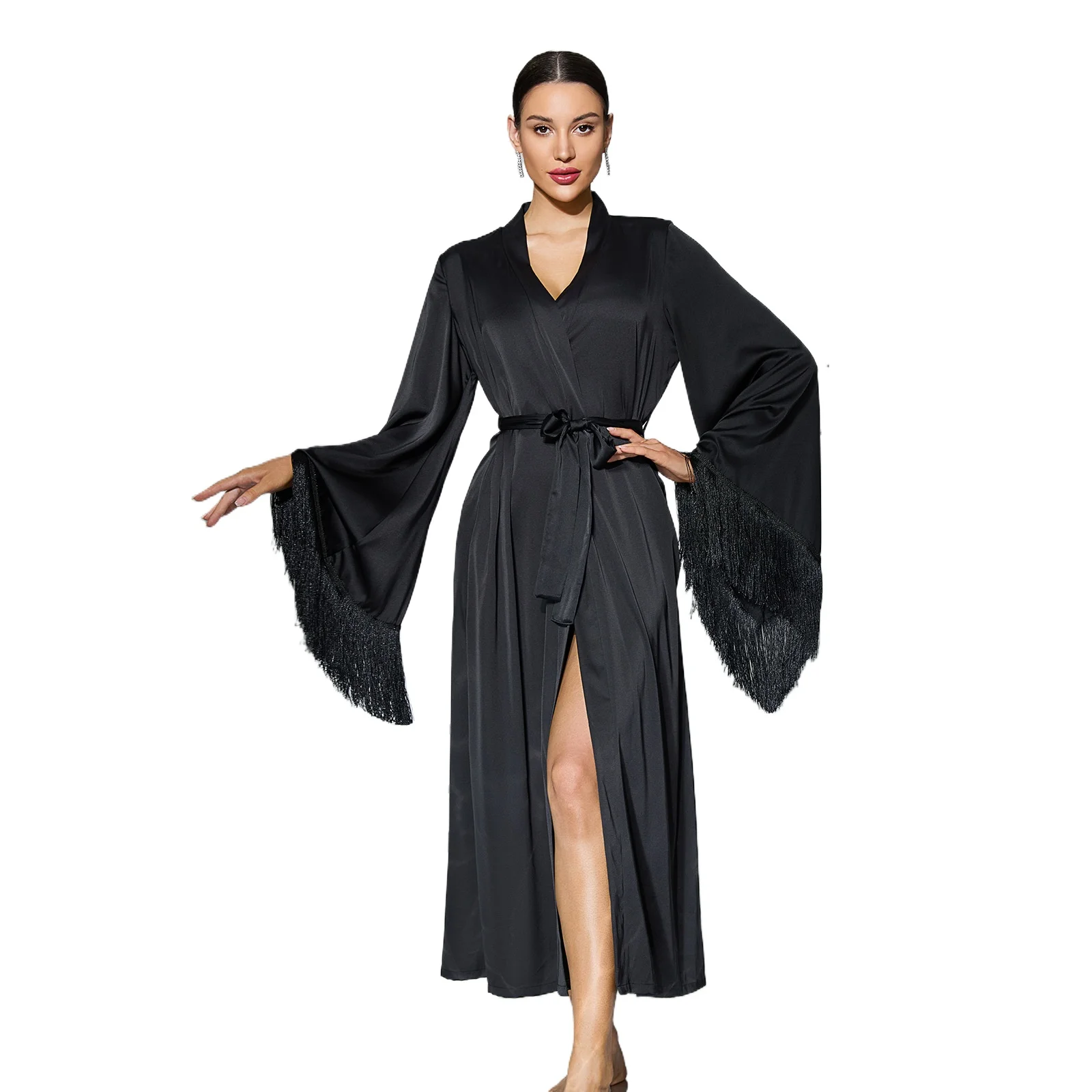 Foreign Trade Satin Fringed Horn Sleeves Long Nightgown V-neck Lace-up Light Luxury Sexy Homewear CW89942