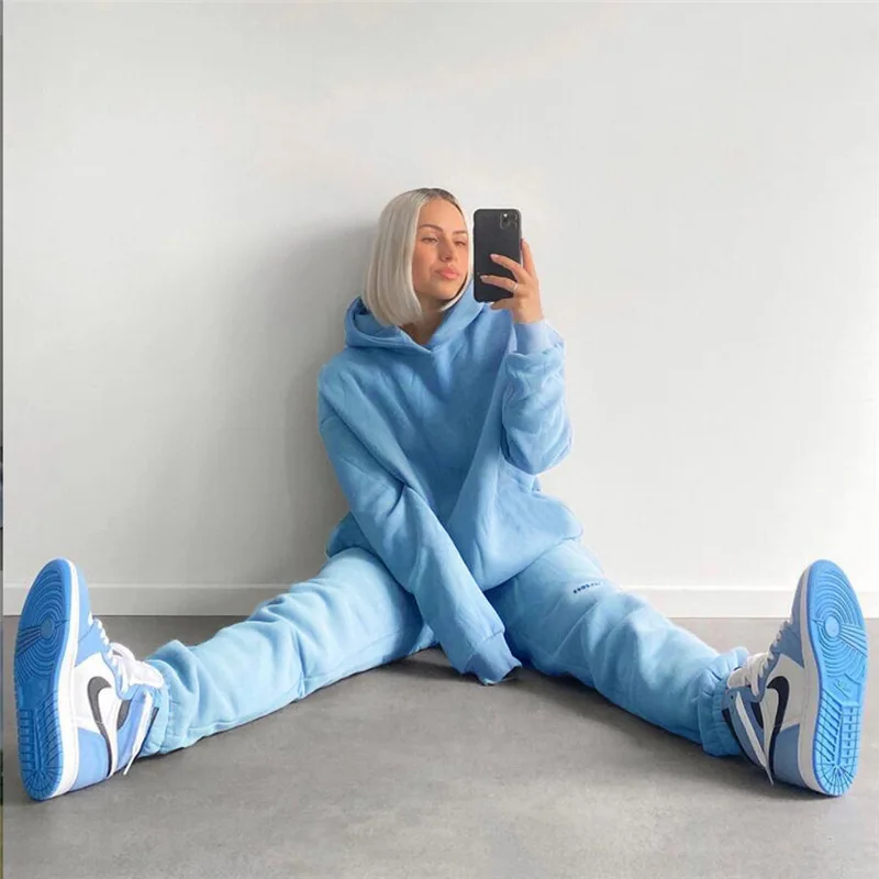 Autumn and Winter Women's Hooded Long-sleeved Sweater High Waist Print Bouquet Feet Trousers Casual Two-piece Suit Women