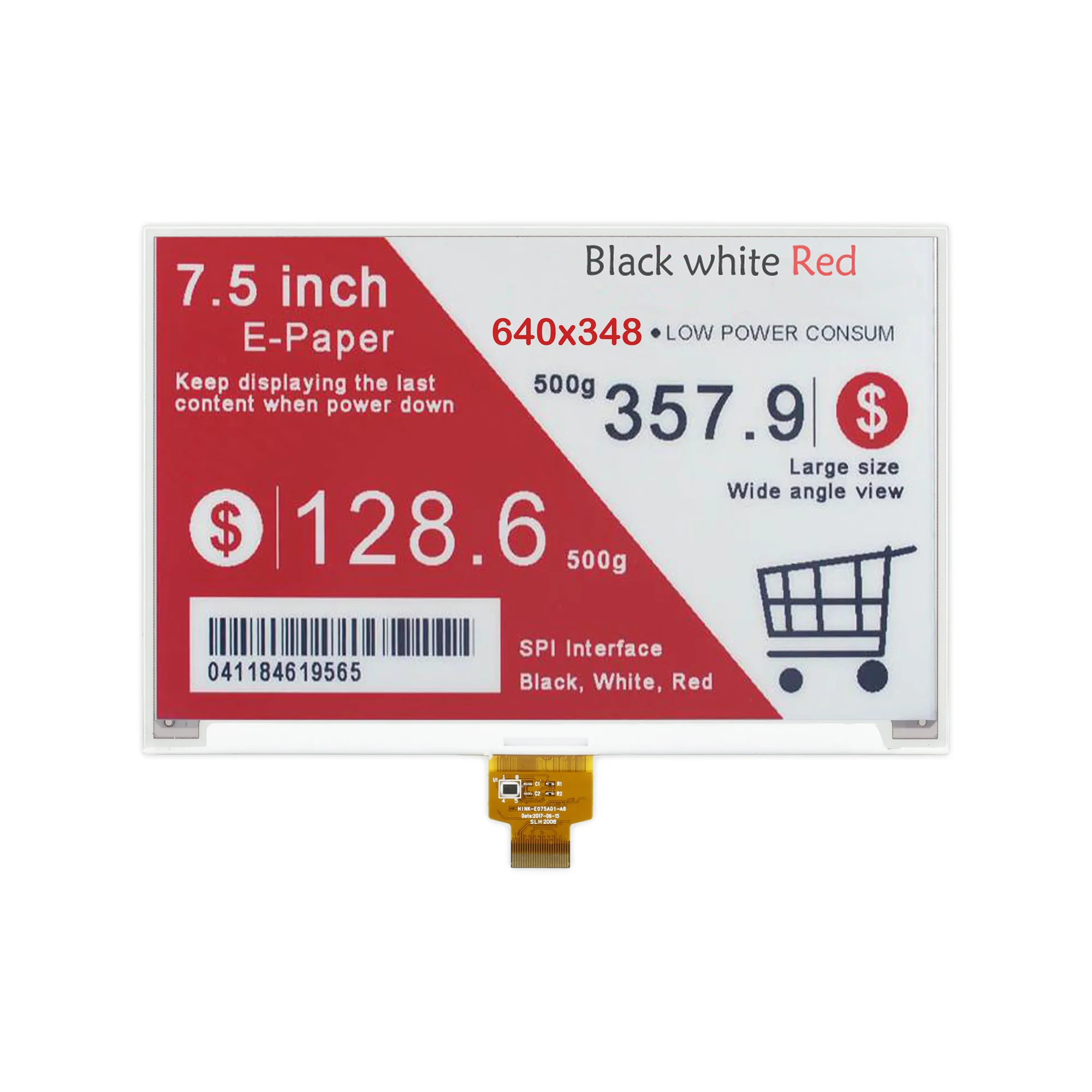 7.5-inch HINK-E075A01 E-ink screen HAT 640x384 resolution SPI interface compatible with Raspberry Pi 3B/3B+/Zero