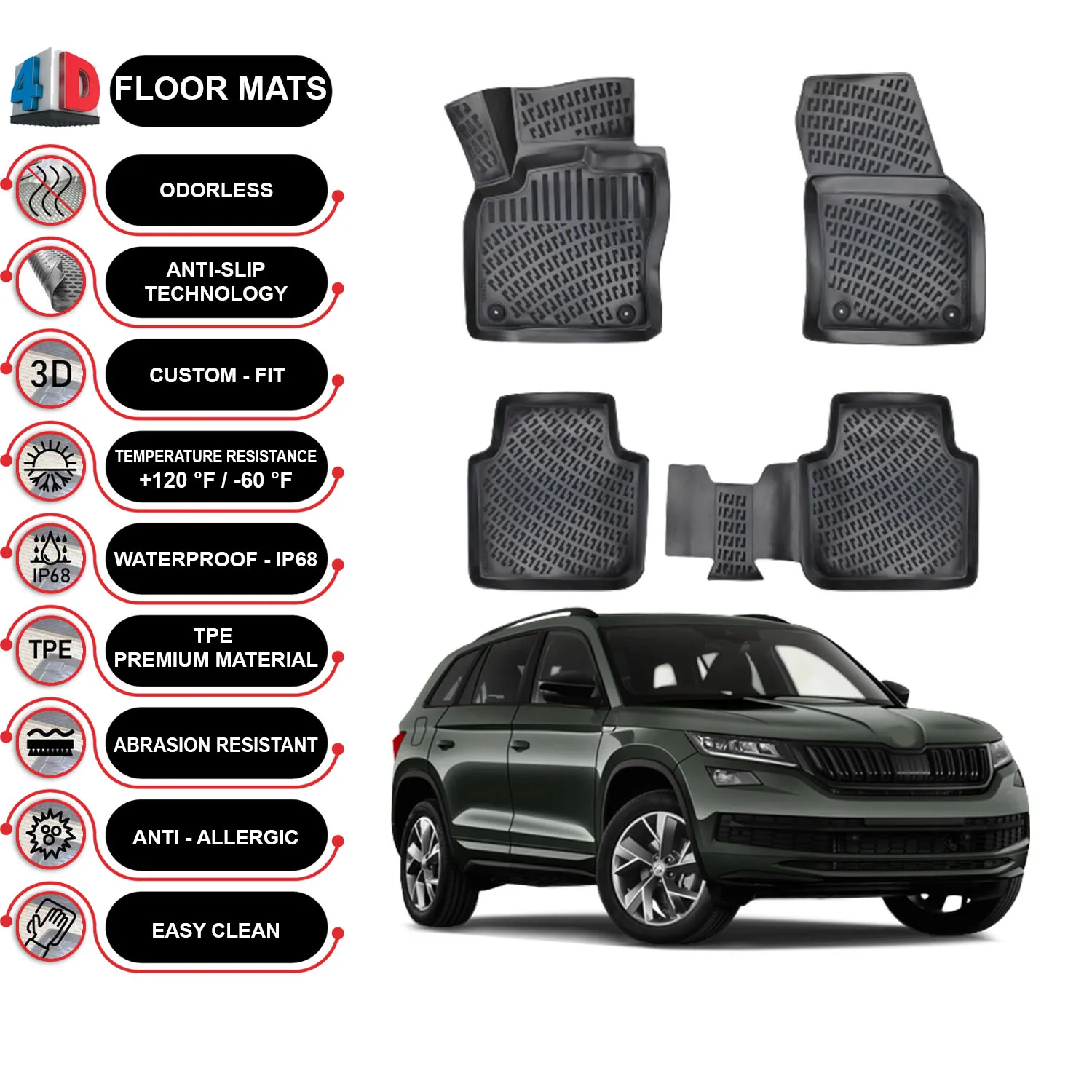 Skoda Kodiaq - (2016-2022) Floor Mats Liner Waterproof 3D - (Black)