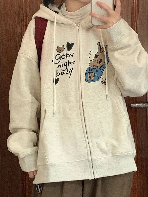 

Retro American Open Cardigan Zipper Hoodie Women's Spring Autumn Thin Loose Design Sense Fleece Outerwear Korean Style