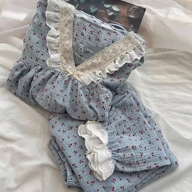 Spring/Summer Instagram-Style Women's Winter Pullover Pajamas—new Long-Sleeve Loungewear Set with Lace and Cherry Print