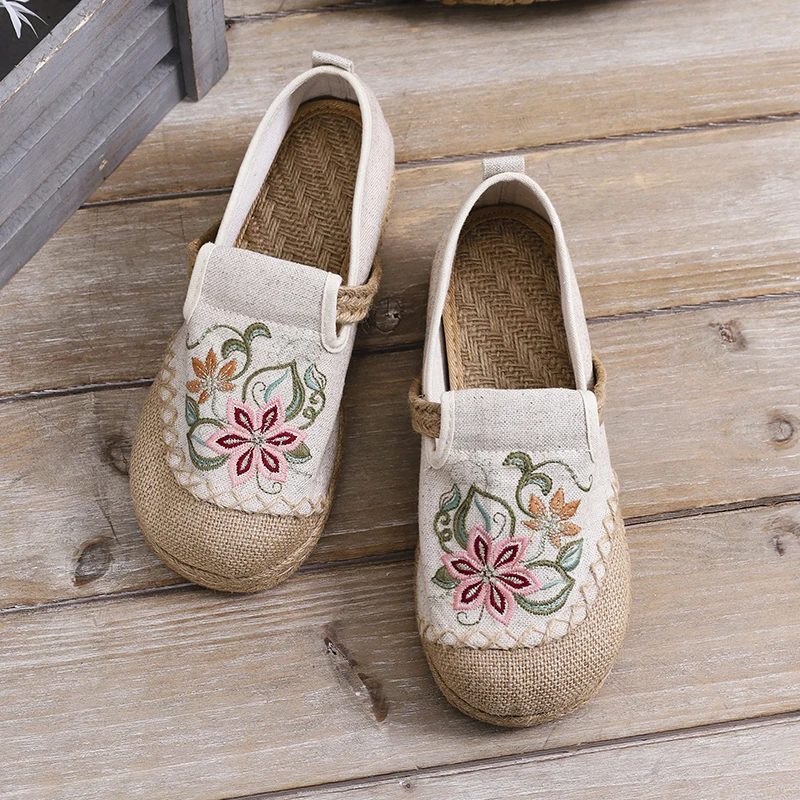 Floral Embroidery Women\'s Linen Canvas Slippers Comfortable Low Top Inside Increase Women\'s Inside Increase Bohemian Shoes