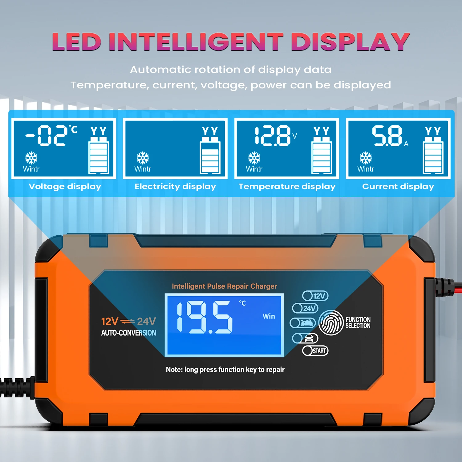 Intelligent Pulse Repair 12V 24V Battery Charger Motorcycle Battery Clamp Charger 10A LED Display Portable Fast Charging